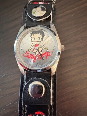 Betty Boop Silver Dial Watch with Black Leather Strap